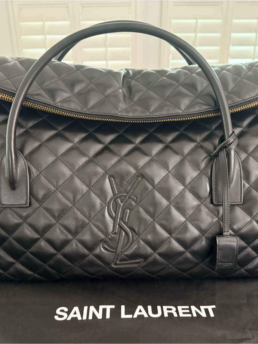 NWT and Auth Saint Laurent Black Quilted Leather Travel Duffel with Gold Zipper